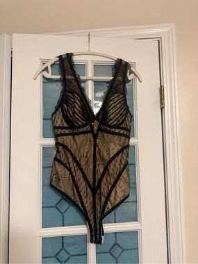 bebe Black Lace & Nude Mesh Bodysuit